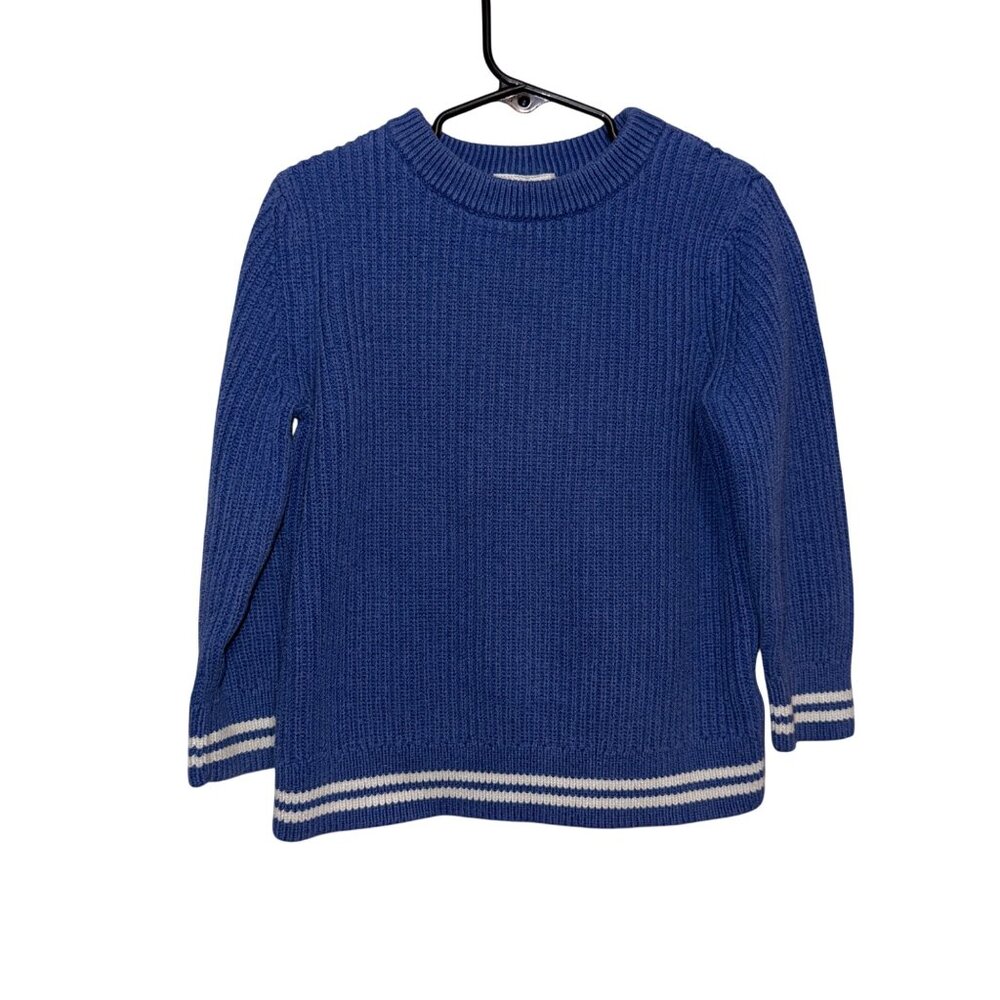 Hanna Andersson Kids Blue Ribbed Sweater With White Striped Hem & Cuffs Size 5